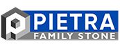 Pietra Family Stone logo: hexagonal cube icon beside a blue banner with the words PIETRA and FAMILY STONE.